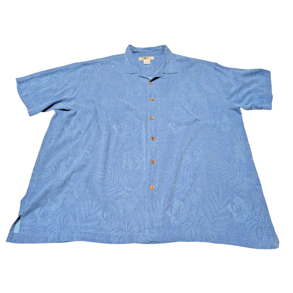 Joe Marlin Shirt Mens 3X Blue Silk Blend Floral Jacquard Camp Short Sleeve Aloha
